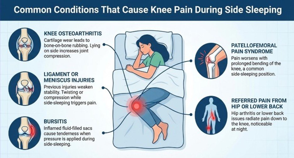 Illustration of common knee conditions causing pain during side sleeping including osteoarthritis and bursitis