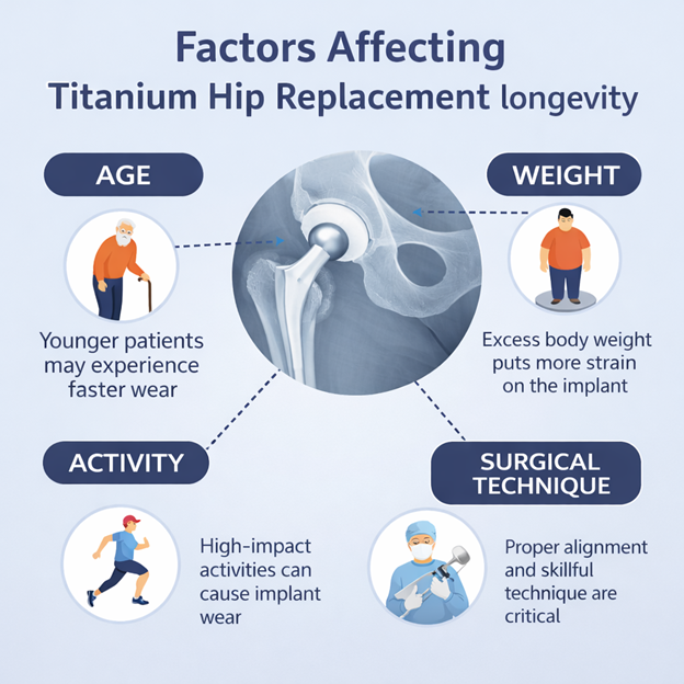 Factors affecting titanium hip replacement lifespan infographic